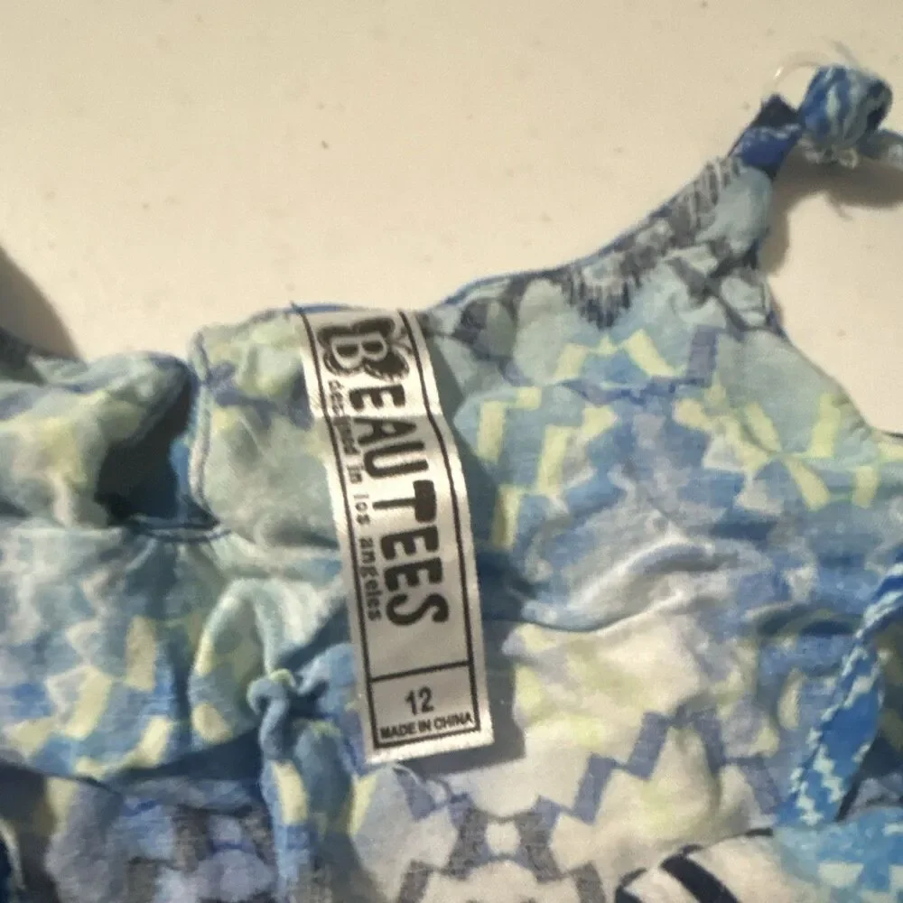 BEAU TEES Girls Size 12 Blue Geometric Sleeveless Romper w/ Lace Trim